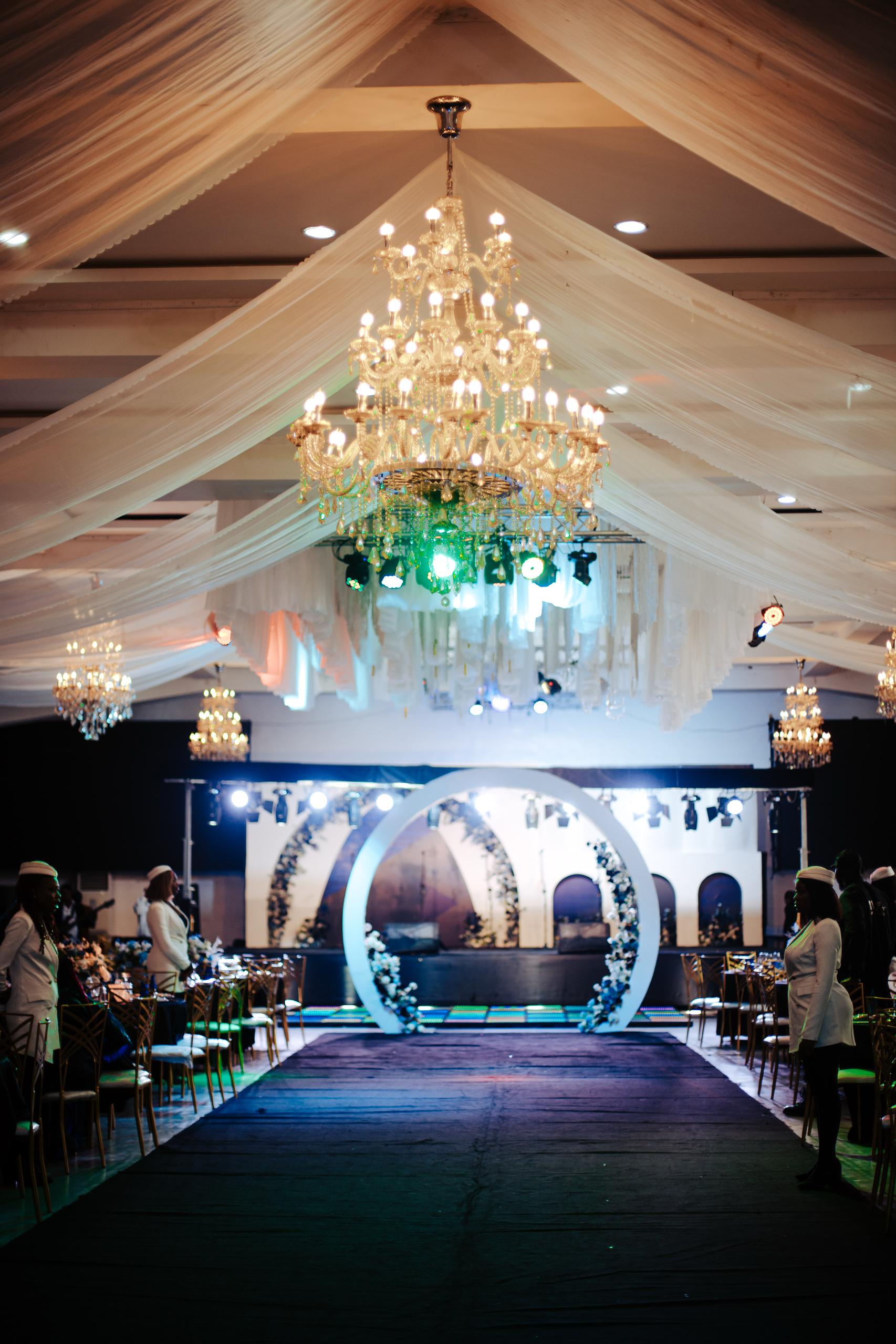 Elegant event setting with chandeliers